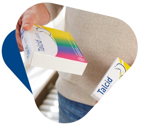 Abbildung der Talcid® Liquid und Talcid® Kautabletten Verpackung: Antazidum, der Wirkstoff von Talcid® kann bei Sodbrennen und weiteren Beschwerden helfen
